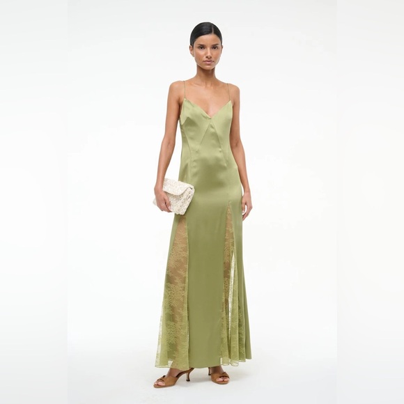 STAUD Dresses & Skirts - STAUD Olive Green Satin Slip Gown with Lace Panels